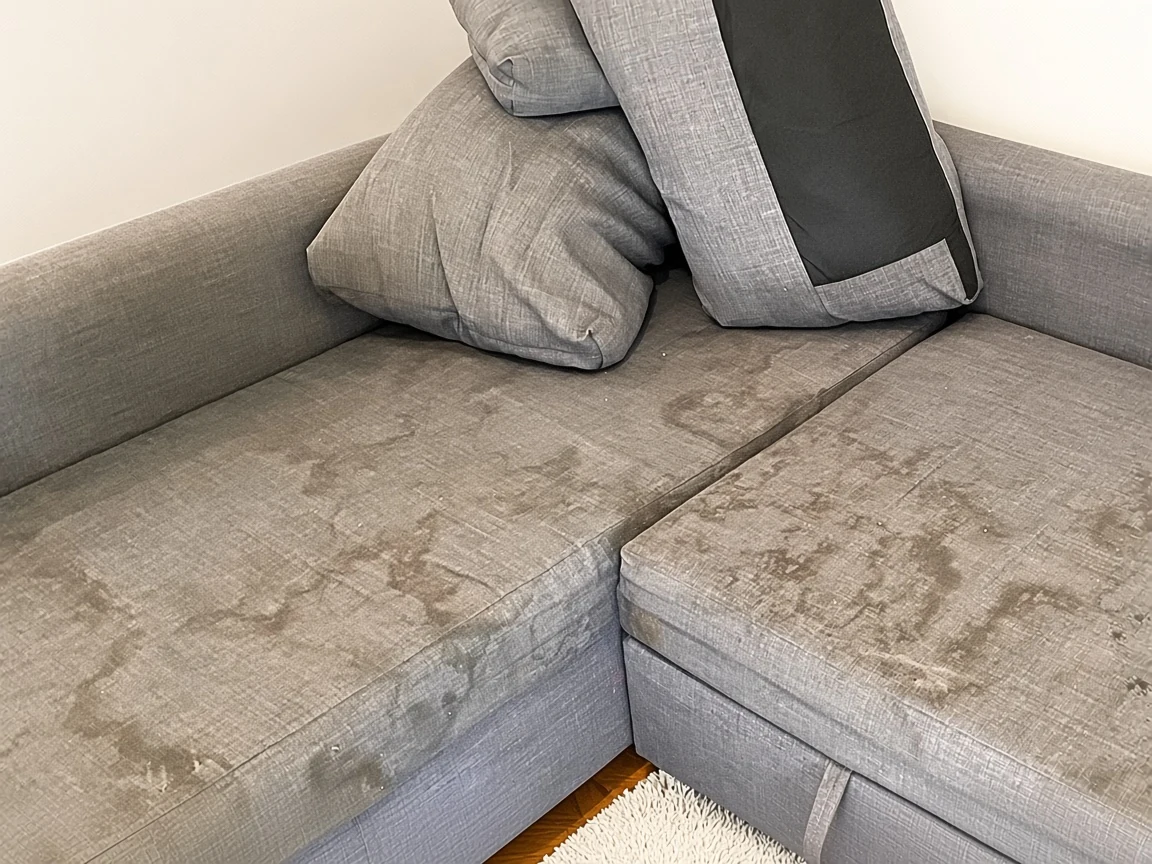 Grey sofa with visible soil before cleaning