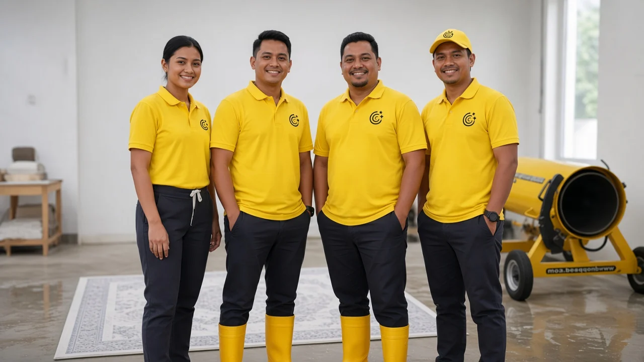 The Cucius team in yellow uniforms at the Batu Caves workshop